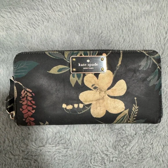 kate spade Black Floral Zip Wallet with Yellow and Green Accents - Picture 1 of 5
